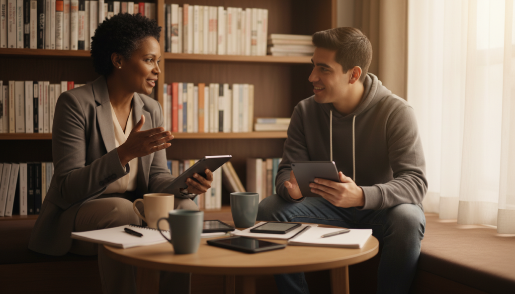 A cozy, inviting reading nook with two diverse individuals engaged in reading and discussing e-books on tablets, positioned in the foreground. One is a middle-aged Black woman in professional business attire, while the other is a young Hispanic male in modest casual clothing. In the middle ground, a wooden table scattered with e-readers, coffee mugs, and notepads, suggesting a brainstorming atmosphere. The background features a bookshelf filled with colorful books and soft, warm lighting from a nearby window, creating a relaxed and productive ambiance. The scene should have a slight depth of field, focusing on the readers while blurring the background slightly, conveying a sense of concentration and collaboration.