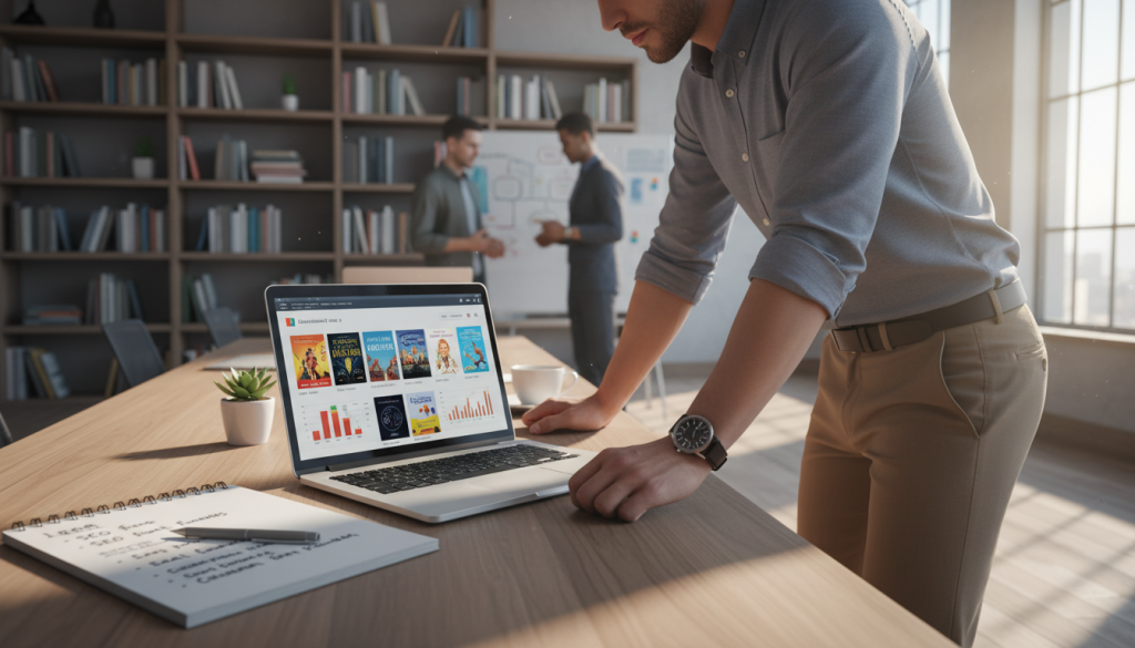 A dynamic and engaging workspace scene showcasing the concept of ebook affiliate programs. In the foreground, a well-organized desk features a laptop with a vibrant ebook displaying cover images of popular titles, alongside a notepad filled with strategic marketing notes. In the middle ground, a professional wearing business casual attire is analyzing performance metrics on the laptop, exuding focus and determination. The background illustrates a modern office environment with bookshelves filled with books on marketing and entrepreneurship, creating an educational atmosphere. Warm, natural lighting filters through large windows, casting soft shadows and enhancing productivity. Overall, the mood is inspirational and collaborative, reflecting the synergy between digital marketing and affiliate success in the United States.