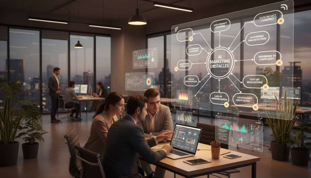 A dynamic digital marketing workspace showcasing various AI-related challenges. In the foreground, a diverse group of professionals in business attire discuss complex charts and algorithms on a laptop, surrounded by user interfaces displaying analytics and AI data. In the middle, a large digital screen presents a mind map of AI marketing obstacles, connecting issues like data privacy, algorithm bias, and integration difficulties. The background includes a modern office environment with soft lighting, glass walls, and plants to create a fresh atmosphere. Capture a balanced, collaborative mood with warm lighting that emphasizes the vibrancy of innovation in tackling AI challenges. Use a wide-angle lens to enhance depth, ensuring a professional and engaging scene that represents the struggles of integrating AI in marketing strategies. A dynamic digital marketing workspace showcasing various AI-related challenges. In the foreground, a diverse group of professionals in business attire discuss complex charts and algorithms on a laptop, surrounded by user interfaces displaying analytics and AI data. In the middle, a large digital screen presents a mind map of AI marketing obstacles, connecting issues like data privacy, algorithm bias, and integration difficulties. The background includes a modern office environment with soft lighting, glass walls, and plants to create a fresh atmosphere. Capture a balanced, collaborative mood with warm lighting that emphasizes the vibrancy of innovation in tackling AI challenges. Use a wide-angle lens to enhance depth, ensuring a professional and engaging scene that represents the struggles of integrating AI in marketing strategies.