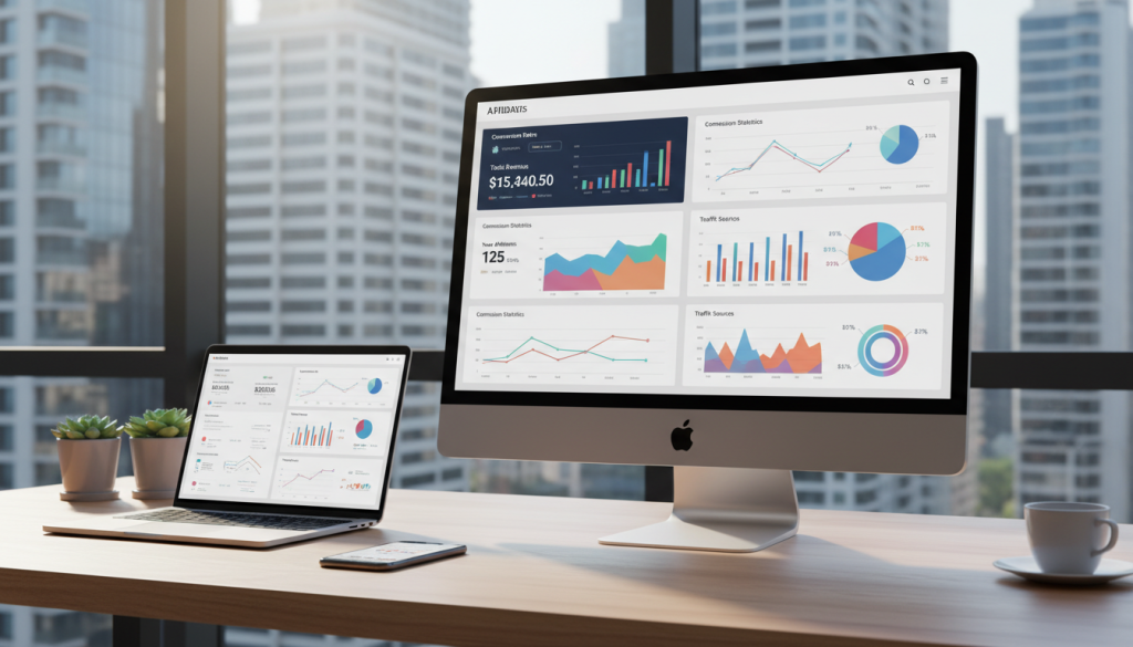 A modern affiliate tracking dashboard displayed on a sleek, high-resolution computer screen, positioned on a stylish wooden desk in a well-lit office environment. In the foreground, the screen shows colorful graphs, charts, and analytics indicating conversion rates and commission statistics. In the middle, an elegant laptop and a smartphone with affiliate marketing apps are partially visible, showcasing the multi-device tracking aspect. In the background, a large window lets in natural light, enhancing the professional atmosphere with a view of a city skyline. The mood is focused and dynamic, ideal for illustrating data-driven decision-making in affiliate marketing. The lighting is bright yet soft, creating an inviting workspace ambiance. No people are present in the scene.