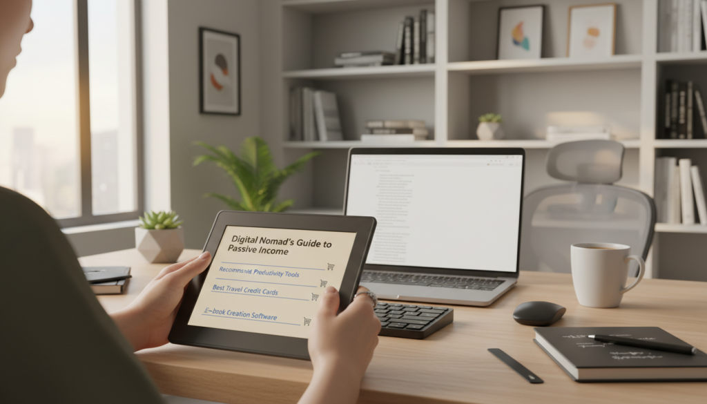 A modern digital workspace featuring a sleek e-reader displaying an open e-book with visible, strategically placed affiliate links. In the foreground, a pair of hands gently holds the e-reader, showcasing a casual yet professional setting, with soft, warm natural light filtering through a nearby window. The middle ground includes a stylish desk adorned with a laptop, a cup of coffee, and a notepad filled with ideas, representing productivity. The background features a calm and organized home office with shelves holding various books and a small plant, enhancing the inviting atmosphere. The overall mood is one of inspiration and efficiency, perfect for authors seeking to maintain reader engagement while effectively incorporating affiliate links in their e-books.