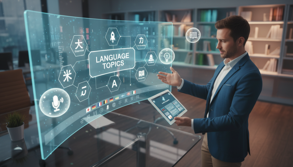A dynamic and modern digital workspace centered around the concept of language learning, featuring a sleek, futuristic interface displaying various language topics and resources. In the foreground, a professional individual, dressed in smart business casual attire, uses a tablet and interacts with the Rocket Languages program. The middle ground highlights vibrant graphics of language symbols, flags from different countries, and interactive modules showcasing lessons. In the background, a soft glow of ambient light creates a welcoming environment, resonating with a sense of innovation and educational excitement. The overall mood is inspiring and energetic, emphasizing growth and the joy of learning languages in a tech-savvy world. The scene is captured with a slightly angled viewpoint, enhancing depth and engagement.