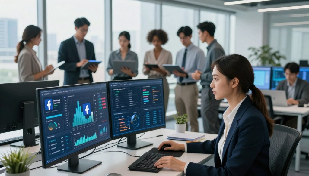 A futuristic office setting with a diverse team of professionals analyzing data on multiple screens. In the foreground, a focused woman in business attire examines a digital dashboard showing graphs and metrics related to Facebook advertising performance. In the middle ground, a group of colleagues collaborates with tablets and laptops, highlighting a dynamic discussion about AI strategies. The background features a large window with a cityscape view, symbolizing growth and opportunity. The lighting is bright and natural, enhancing a sense of innovation and teamwork. The atmosphere is one of energy and ambition, embodying the concept of mastering the AI control loop for successful advertising.