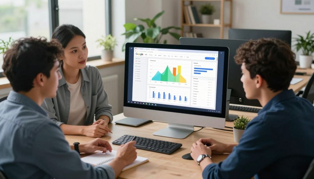 A modern digital workspace illustrating the concept of mastering Google’s native AI features for advertising. In the foreground, a diverse group of three professionals—two men and one woman—are deeply engaged in a collaborative discussion, wearing smart business attire. The middle ground includes a sleek computer screen displaying an interface with vibrant graphs and analytics, symbolizing AI insights in Google Ads. The background features a cozy, well-lit office space with large windows letting in natural light, plants, and modern decor to create an inviting atmosphere. The overall mood is one of innovation and teamwork, capturing the essence of leveraging AI for strategic advertising. The scene is shot from a slightly elevated angle, providing a clear view of the interaction and technology.