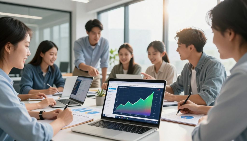 A vibrant digital workspace set against a modern office background, with a diverse group of professionals collaborating excitedly around a table strewn with charts and laptops displaying analytics. The foreground features a close-up of a laptop screen showcasing a colorful graph with upward trends, symbolizing growth in ClickBank sales through clever traffic strategies. In the middle ground, colleagues are engaged in animated discussion, taking notes and pointing at digital marketing plans. The background includes large windows allowing sunlight to flood the space, creating a bright and optimistic atmosphere. The scene captures a sense of teamwork and innovation, with soft lighting emphasizing focused expressions, all framed at a slight angle to add depth.