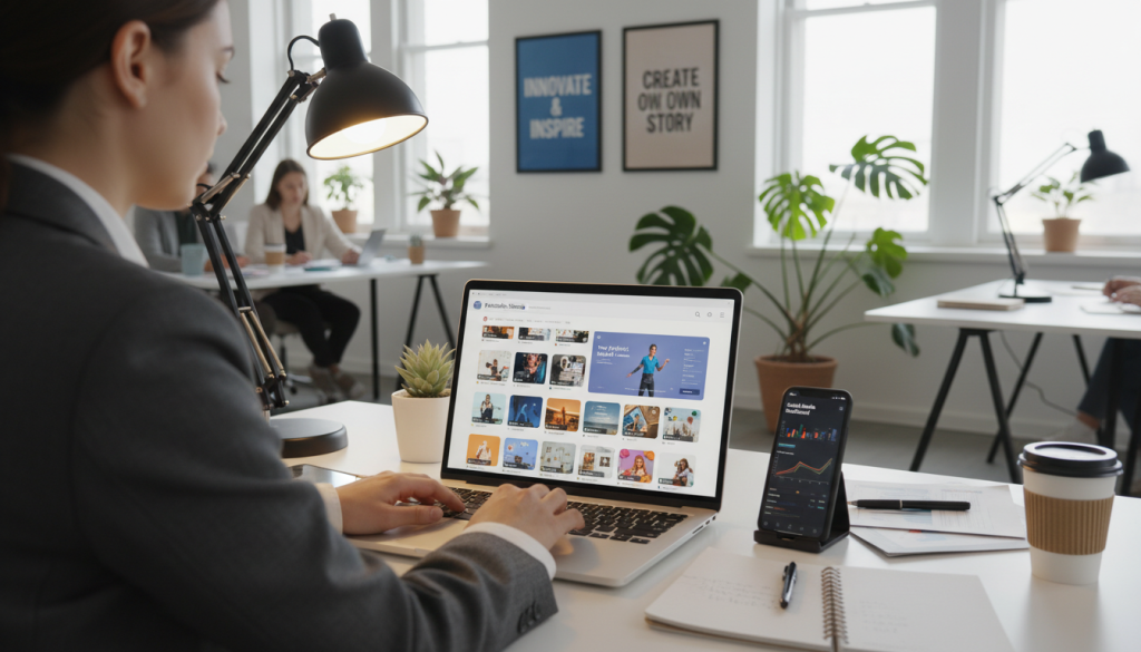 A digital workspace for Facebook Stories setup, featuring a sleek laptop displaying a vibrant Facebook Stories interface with a variety of colorful story clips. In the foreground, a person in professional attire navigates the platform, their focused expression illuminated by soft, diffused lighting from a nearby desk lamp. The middle ground showcases a modern desk cluttered with marketing materials and a mobile device displaying social media analytics. In the background, a bright, inviting office environment with motivational posters on the walls and plants adding a touch of greenery. The atmosphere is energetic and conducive to creativity, captured from a slightly elevated angle to highlight the interaction with technology and the dynamic nature of social media engagement. A digital workspace for Facebook Stories setup, featuring a sleek laptop displaying a vibrant Facebook Stories interface with a variety of colorful story clips. In the foreground, a person in professional attire navigates the platform, their focused expression illuminated by soft, diffused lighting from a nearby desk lamp. The middle ground showcases a modern desk cluttered with marketing materials and a mobile device displaying social media analytics. In the background, a bright, inviting office environment with motivational posters on the walls and plants adding a touch of greenery. The atmosphere is energetic and conducive to creativity, captured from a slightly elevated angle to highlight the interaction with technology and the dynamic nature of social media engagement.
