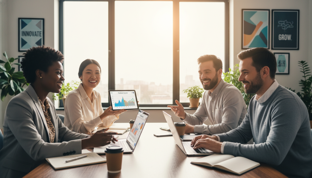 A diverse group of four professionals gathered around a conference table, engaged in a collaborative discussion. In the foreground, two women of different ethnicities and two men in smart casual attire, all smiling and actively sharing ideas. On the table, there are laptops open with social media analytics visible, and a digital tablet showing a vibrant graph of follower growth. The middle ground features a large window with natural light streaming in, casting a warm glow on the scene. In the background, a modern office setting with contemporary design elements, like plants and motivational posters. The mood is energetic and collaborative, reflecting a spirit of innovation and strategic planning. The scene is captured with a slightly elevated angle, emphasizing teamwork and synergy.