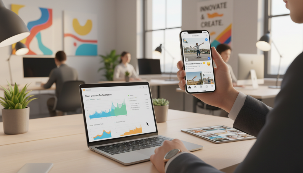A dynamic digital workspace showcasing "Facebook Stories" in action. In the foreground, display a sleek smartphone held by a professional in business attire, with Instagram Stories appearing vividly on the screen. In the middle ground, show an open laptop with analytical graphs and insights about social media engagement on the desk, emphasizing the technical specifications for effective story content. In the background, include a modern office environment with warm lighting, and motivational art on the walls. Use a shallow depth of field to highlight the smartphone and laptop while subtly blurring the background. The overall mood should be inspiring and productive, giving an impression of innovation and focus within the realm of digital marketing. A dynamic digital workspace showcasing "Facebook Stories" in action. In the foreground, display a sleek smartphone held by a professional in business attire, with Instagram Stories appearing vividly on the screen. In the middle ground, show an open laptop with analytical graphs and insights about social media engagement on the desk, emphasizing the technical specifications for effective story content. In the background, include a modern office environment with warm lighting, and motivational art on the walls. Use a shallow depth of field to highlight the smartphone and laptop while subtly blurring the background. The overall mood should be inspiring and productive, giving an impression of innovation and focus within the realm of digital marketing.