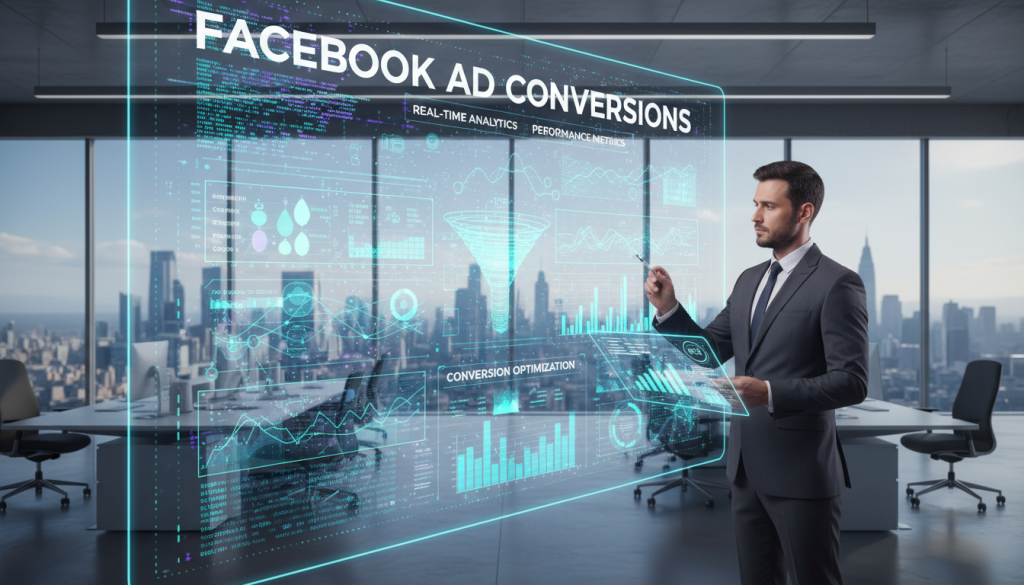 A futuristic office environment showcasing a large digital screen prominently displaying vibrant pixel data and analytics related to Facebook ad conversions. In the foreground, a professional in business attire is analyzing metrics, with a thoughtful expression as they interact with the interface. The middle ground features glowing graphs and charts projecting the concept of conversion optimization, illuminated in shades of blue and green. In the background, a sleek modern workspace with large windows lets in natural light, creating a bright and inviting atmosphere. The composition is shot from a slightly elevated angle to provide depth, emphasizing the connection between technology and successful digital advertising. The mood is one of innovation and forward-thinking strategy, reflecting a cutting-edge approach to data analytics. A futuristic office environment showcasing a large digital screen prominently displaying vibrant pixel data and analytics related to Facebook ad conversions. In the foreground, a professional in business attire is analyzing metrics, with a thoughtful expression as they interact with the interface. The middle ground features glowing graphs and charts projecting the concept of conversion optimization, illuminated in shades of blue and green. In the background, a sleek modern workspace with large windows lets in natural light, creating a bright and inviting atmosphere. The composition is shot from a slightly elevated angle to provide depth, emphasizing the connection between technology and successful digital advertising. The mood is one of innovation and forward-thinking strategy, reflecting a cutting-edge approach to data analytics.