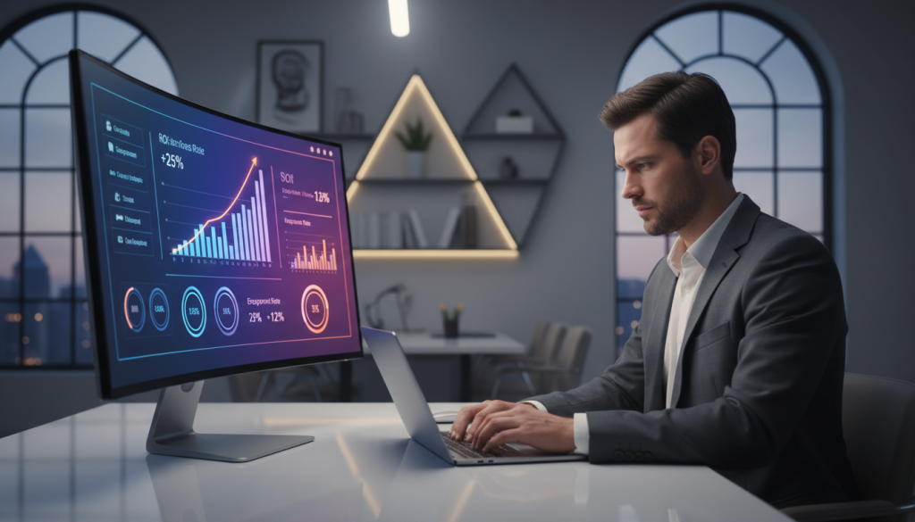 A modern and sleek digital dashboard glowing with vibrant colors, showcasing essential performance metrics for Facebook ads. In the foreground, a large computer screen displays graphs and charts with upward trends, digital analytics symbols, and key performance indicators (KPIs) like ROI and engagement rates. In the middle, a focused business professional in business attire types on a laptop, analyzing the data with a thoughtful expression. The background features a stylish office environment with minimalistic design elements, soft ambient lighting highlighting the workspace. The atmosphere is one of productivity and innovation, aiming to inspire effective digital marketing strategies. The scene is well-composed, with a slightly blurred depth of field, bringing focus to the dashboard and the professional. A modern and sleek digital dashboard glowing with vibrant colors, showcasing essential performance metrics for Facebook ads. In the foreground, a large computer screen displays graphs and charts with upward trends, digital analytics symbols, and key performance indicators (KPIs) like ROI and engagement rates. In the middle, a focused business professional in business attire types on a laptop, analyzing the data with a thoughtful expression. The background features a stylish office environment with minimalistic design elements, soft ambient lighting highlighting the workspace. The atmosphere is one of productivity and innovation, aiming to inspire effective digital marketing strategies. The scene is well-composed, with a slightly blurred depth of field, bringing focus to the dashboard and the professional.