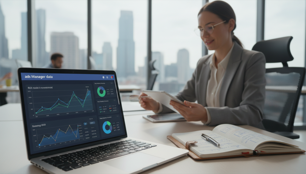 A sleek, modern digital workspace illustrating "ads manager data." In the foreground, a high-tech laptop displays detailed analytics on Facebook ad performance, graphs showing ROI growth, and demographic breakdowns, all in vibrant colors. Beside the laptop, a notepad with handwritten notes emphasizes strategic insights. In the middle ground, a professional in business attire, focused and engaged, analyzes the data with a thoughtful expression. The background features a bright office setting with large windows allowing natural light to flood in, creating a warm yet productive atmosphere. The overall mood conveys determination and success in digital marketing, with a shallow depth of field focusing on the laptop and the person. A sleek, modern digital workspace illustrating "ads manager data." In the foreground, a high-tech laptop displays detailed analytics on Facebook ad performance, graphs showing ROI growth, and demographic breakdowns, all in vibrant colors. Beside the laptop, a notepad with handwritten notes emphasizes strategic insights. In the middle ground, a professional in business attire, focused and engaged, analyzes the data with a thoughtful expression. The background features a bright office setting with large windows allowing natural light to flood in, creating a warm yet productive atmosphere. The overall mood conveys determination and success in digital marketing, with a shallow depth of field focusing on the laptop and the person.