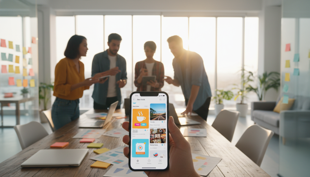 A vibrant and engaging digital workspace scene featuring a diverse group of professionals, both men and women, creatively discussing ideas for Facebook Stories. In the foreground, a smartphone displaying colorful and eye-catching Facebook Story thumbnails captures attention, showcasing various engaging content formats like polls, short videos, and images. The middle layer consists of the professionals leaning over a table cluttered with notes, laptops, and colorful sticky notes, immersed in brainstorming. The background features a bright, modern office with natural light streaming in through large windows, creating a warm and inviting atmosphere. The mood is collaborative and energetic, emphasizing creativity and connectivity, captured with a soft focus and warm lighting to enhance the inviting vibe. A vibrant and engaging digital workspace scene featuring a diverse group of professionals, both men and women, creatively discussing ideas for Facebook Stories. In the foreground, a smartphone displaying colorful and eye-catching Facebook Story thumbnails captures attention, showcasing various engaging content formats like polls, short videos, and images. The middle layer consists of the professionals leaning over a table cluttered with notes, laptops, and colorful sticky notes, immersed in brainstorming. The background features a bright, modern office with natural light streaming in through large windows, creating a warm and inviting atmosphere. The mood is collaborative and energetic, emphasizing creativity and connectivity, captured with a soft focus and warm lighting to enhance the inviting vibe.