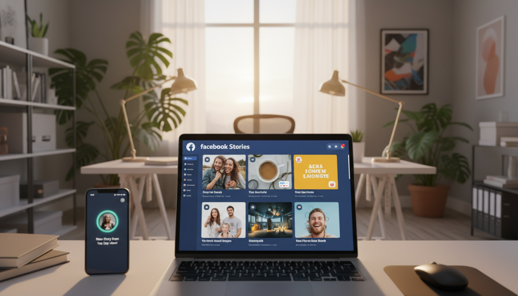 A vibrant and engaging scene depicting a digital workspace focused on Facebook Stories. In the foreground, a laptop with a vibrant Facebook Stories interface open, showcasing colorful, eye-catching posts featuring images and videos. To the left, a smartphone displaying a Facebook Story notification with engaging visuals. In the middle background, a stylish office space filled with sleek furniture and greenery, signifying a creative environment. Soft, warm lighting bathes the room, creating a productive atmosphere. The camera angle is slightly above eye level, offering a comprehensive view of the workspace, emphasizing the importance of strategic posting and content scheduling. The overall mood is dynamic and inspiring, encouraging creativity and engagement. A vibrant and engaging scene depicting a digital workspace focused on Facebook Stories. In the foreground, a laptop with a vibrant Facebook Stories interface open, showcasing colorful, eye-catching posts featuring images and videos. To the left, a smartphone displaying a Facebook Story notification with engaging visuals. In the middle background, a stylish office space filled with sleek furniture and greenery, signifying a creative environment. Soft, warm lighting bathes the room, creating a productive atmosphere. The camera angle is slightly above eye level, offering a comprehensive view of the workspace, emphasizing the importance of strategic posting and content scheduling. The overall mood is dynamic and inspiring, encouraging creativity and engagement.