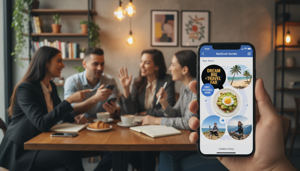 A vibrant depiction of a smartphone displaying Facebook Stories, set against a warm, inviting coffee shop backdrop. In the foreground, the phone is prominently featured with colorful story images of engaging content, such as uplifting quotes, travel snapshots, and food photography that entice viewers. In the middle ground, a diverse group of young professionals in business casual attire discuss their strategies for posting, with smiles and gestures indicating active engagement. The background features cozy decor, soft golden lighting, and blurred coffee cups on a table, creating a relaxed atmosphere. The scene captures the essence of creativity and collaboration, emphasizing best practices for consistent posting and scheduling on social media. A vibrant depiction of a smartphone displaying Facebook Stories, set against a warm, inviting coffee shop backdrop. In the foreground, the phone is prominently featured with colorful story images of engaging content, such as uplifting quotes, travel snapshots, and food photography that entice viewers. In the middle ground, a diverse group of young professionals in business casual attire discuss their strategies for posting, with smiles and gestures indicating active engagement. The background features cozy decor, soft golden lighting, and blurred coffee cups on a table, creating a relaxed atmosphere. The scene captures the essence of creativity and collaboration, emphasizing best practices for consistent posting and scheduling on social media.