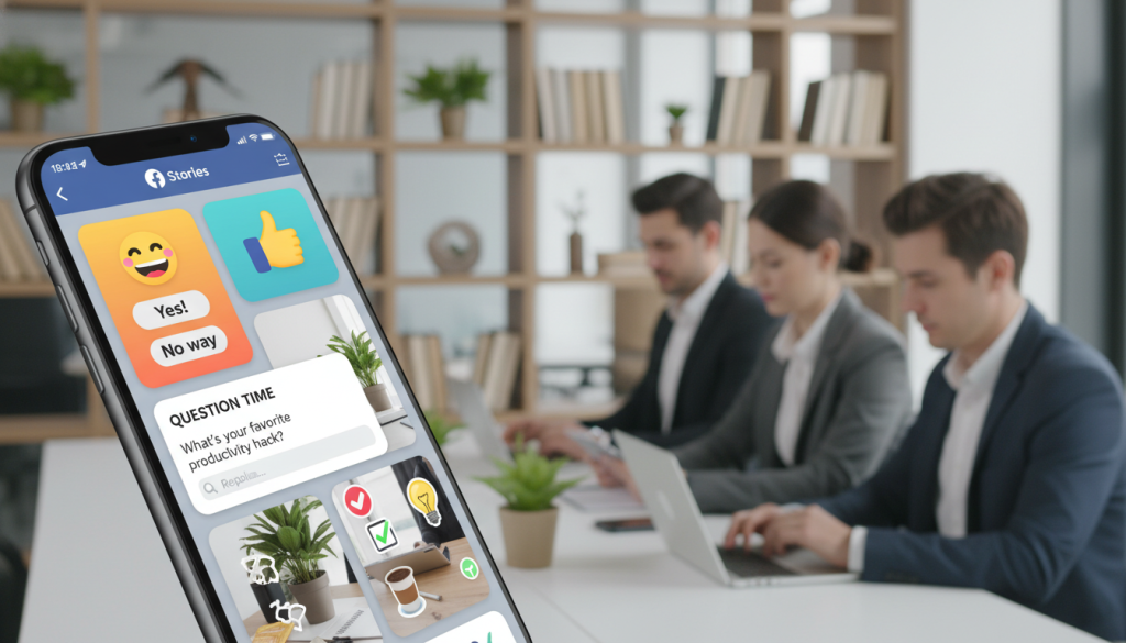 A vibrant digital collage of Facebook Stories showcased on a smartphone screen, positioned in the foreground with a slight tilt for dynamic perspective. The phone displays multiple story frames illustrating interactive features like polls, questions, and vibrant stickers, inviting audience engagement. The middle ground features a blurred, modern office setting with professionals in business attire focused on their devices, symbolizing collaboration. In the background, softly illuminated shelves lined with books and plants contribute to a warm, inviting workspace atmosphere. The lighting is soft and bright, emulating natural daylight, creating a lively yet professional mood that emphasizes engagement and interaction within social media contexts. A vibrant digital collage of Facebook Stories showcased on a smartphone screen, positioned in the foreground with a slight tilt for dynamic perspective. The phone displays multiple story frames illustrating interactive features like polls, questions, and vibrant stickers, inviting audience engagement. The middle ground features a blurred, modern office setting with professionals in business attire focused on their devices, symbolizing collaboration. In the background, softly illuminated shelves lined with books and plants contribute to a warm, inviting workspace atmosphere. The lighting is soft and bright, emulating natural daylight, creating a lively yet professional mood that emphasizes engagement and interaction within social media contexts.