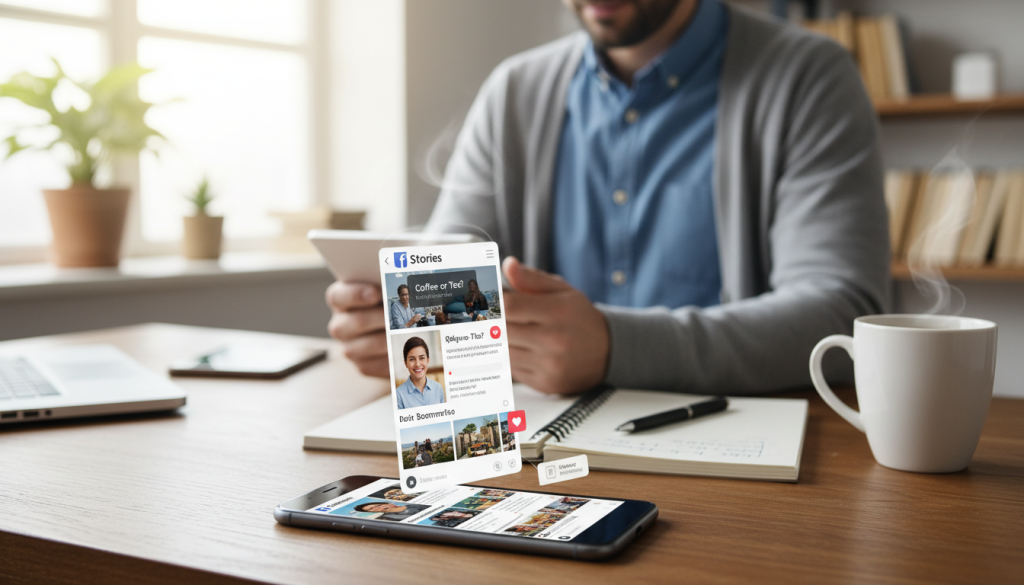 A vibrant illustration of a digital device displaying a Facebook Stories interface. In the foreground, the smartphone screen showcases colorful, eye-catching story snippets featuring engaging images and interactive elements like polls and reactions. The device rests on a stylish desk, surrounded by a notepad and coffee cup, emphasizing a professional yet casual atmosphere. In the middle ground, a person wearing smart casual attire, engaged in sharing content, appears slightly blurred to keep focus on the device. The background features an inviting workspace with soft, natural lighting filtering through a window, creating a warm and engaging mood. Use a shallow depth of field to draw attention to the smartphone while softly blurring the details surrounding it, capturing the essence of modern digital interaction. A vibrant illustration of a digital device displaying a Facebook Stories interface. In the foreground, the smartphone screen showcases colorful, eye-catching story snippets featuring engaging images and interactive elements like polls and reactions. The device rests on a stylish desk, surrounded by a notepad and coffee cup, emphasizing a professional yet casual atmosphere. In the middle ground, a person wearing smart casual attire, engaged in sharing content, appears slightly blurred to keep focus on the device. The background features an inviting workspace with soft, natural lighting filtering through a window, creating a warm and engaging mood. Use a shallow depth of field to draw attention to the smartphone while softly blurring the details surrounding it, capturing the essence of modern digital interaction.