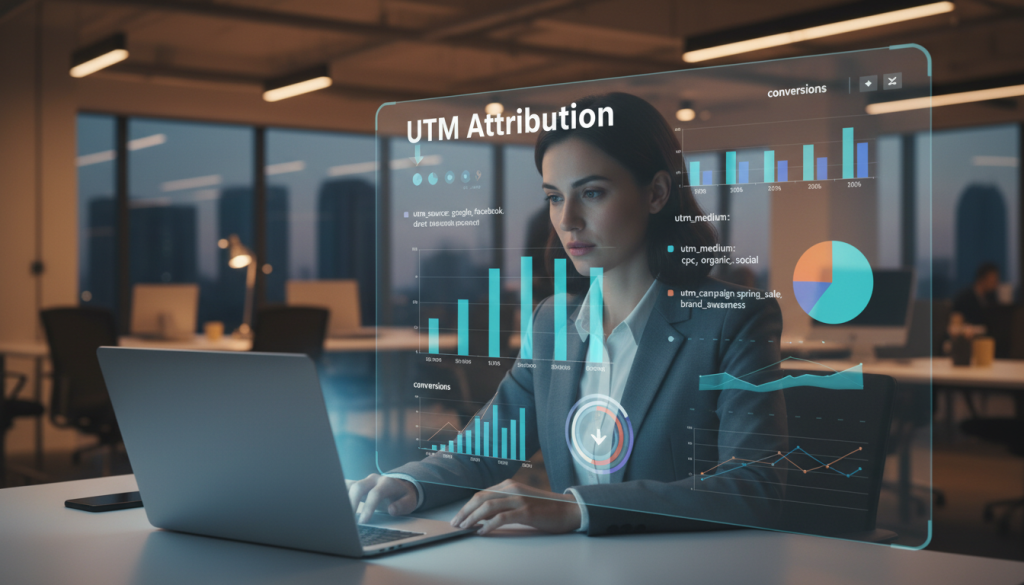 A visually striking representation of UTM attribution data on a sleek digital dashboard. In the foreground, display a high-resolution screen showing colorful charts and graphs with UTM parameters, clearly labeled, indicating traffic sources and conversions. The middle layer features a professional individual in business attire, focused on analyzing the data, with a laptop open beside them, backlit by a soft glow. In the background, a modern office setting with subtle bokeh effects to create depth, illuminated by warm, ambient lighting to evoke a sense of professionalism and productivity. Capture the atmosphere of strategic decision-making and data-driven marketing analysis. A visually striking representation of UTM attribution data on a sleek digital dashboard. In the foreground, display a high-resolution screen showing colorful charts and graphs with UTM parameters, clearly labeled, indicating traffic sources and conversions. The middle layer features a professional individual in business attire, focused on analyzing the data, with a laptop open beside them, backlit by a soft glow. In the background, a modern office setting with subtle bokeh effects to create depth, illuminated by warm, ambient lighting to evoke a sense of professionalism and productivity. Capture the atmosphere of strategic decision-making and data-driven marketing analysis.