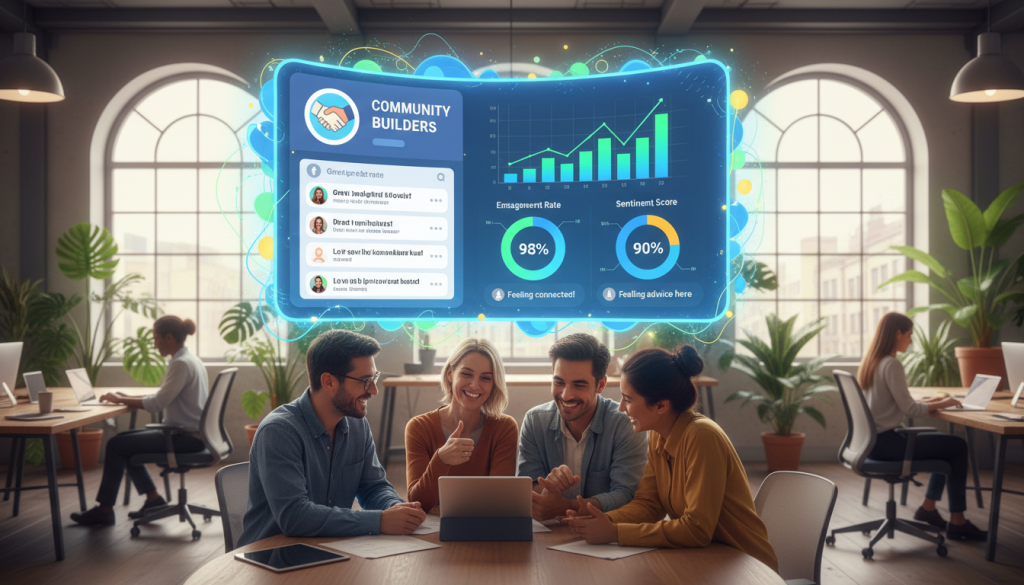 A diverse group of professional individuals engaged in a warm and friendly discussion within a vibrant Facebook group setting. In the foreground, a collaborative atmosphere is depicted with people sharing ideas and smiling, showcasing trust-building interactions. The middle ground features a colorful digital screen displaying group analytics and positive feedback, symbolizing transparency and engagement. The background shows a modern and inviting workspace with plants and soft, natural lighting coming from large windows, creating an uplifting mood. The scene captures a blend of enthusiasm and professionalism, promoting the notion of building trust in a community before introducing digital marketing tools. Ensure all individuals are dressed in smart casual attire, reflecting a business-friendly environment. A diverse group of professional individuals engaged in a warm and friendly discussion within a vibrant Facebook group setting. In the foreground, a collaborative atmosphere is depicted with people sharing ideas and smiling, showcasing trust-building interactions. The middle ground features a colorful digital screen displaying group analytics and positive feedback, symbolizing transparency and engagement. The background shows a modern and inviting workspace with plants and soft, natural lighting coming from large windows, creating an uplifting mood. The scene captures a blend of enthusiasm and professionalism, promoting the notion of building trust in a community before introducing digital marketing tools. Ensure all individuals are dressed in smart casual attire, reflecting a business-friendly environment.