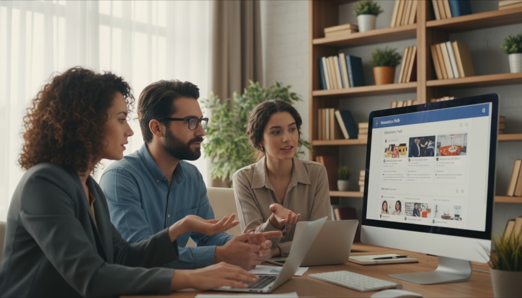 A vibrant and dynamic scene depicting individuals engaging with each other in a Facebook group setting. In the foreground, a diverse group of three professionals sits around a laptop, sharing ideas and discussing strategies, all dressed in smart casual business attire. The middle ground shows a large monitor displaying a Facebook group interface with colorful post previews and engaging comment threads. In the background, elements that suggest a cozy home office, such as bookshelves and potted plants, create an inviting atmosphere. Soft, natural lighting streams in from a nearby window, casting gentle shadows that enhance the mood of collaboration and networking. The overall atmosphere is warm, friendly, and focused, epitomizing the essence of professional connection. A vibrant and dynamic scene depicting individuals engaging with each other in a Facebook group setting. In the foreground, a diverse group of three professionals sits around a laptop, sharing ideas and discussing strategies, all dressed in smart casual business attire. The middle ground shows a large monitor displaying a Facebook group interface with colorful post previews and engaging comment threads. In the background, elements that suggest a cozy home office, such as bookshelves and potted plants, create an inviting atmosphere. Soft, natural lighting streams in from a nearby window, casting gentle shadows that enhance the mood of collaboration and networking. The overall atmosphere is warm, friendly, and focused, epitomizing the essence of professional connection.