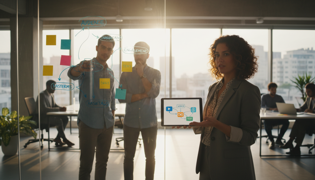 A bright, modern office setting featuring a diverse group of professionals engaged in a dynamic brainstorming session. In the foreground, a woman in smart casual attire is presenting a colorful infographic on a tablet, illustrating various content formats like videos, images, and text. The middle ground shows a collaborative atmosphere, with two men discussing a large whiteboard filled with sticky notes and flowcharts related to social media strategies. The background features large windows letting in natural light, enhancing the creative vibe of the space. The overall mood is energetic and focused, suggesting innovation and teamwork in social media content creation. Use a wide-angle lens to capture the interaction and atmosphere, with soft, warm lighting to enhance the inviting ambiance. A bright, modern office setting featuring a diverse group of professionals engaged in a dynamic brainstorming session. In the foreground, a woman in smart casual attire is presenting a colorful infographic on a tablet, illustrating various content formats like videos, images, and text. The middle ground shows a collaborative atmosphere, with two men discussing a large whiteboard filled with sticky notes and flowcharts related to social media strategies. The background features large windows letting in natural light, enhancing the creative vibe of the space. The overall mood is energetic and focused, suggesting innovation and teamwork in social media content creation. Use a wide-angle lens to capture the interaction and atmosphere, with soft, warm lighting to enhance the inviting ambiance.