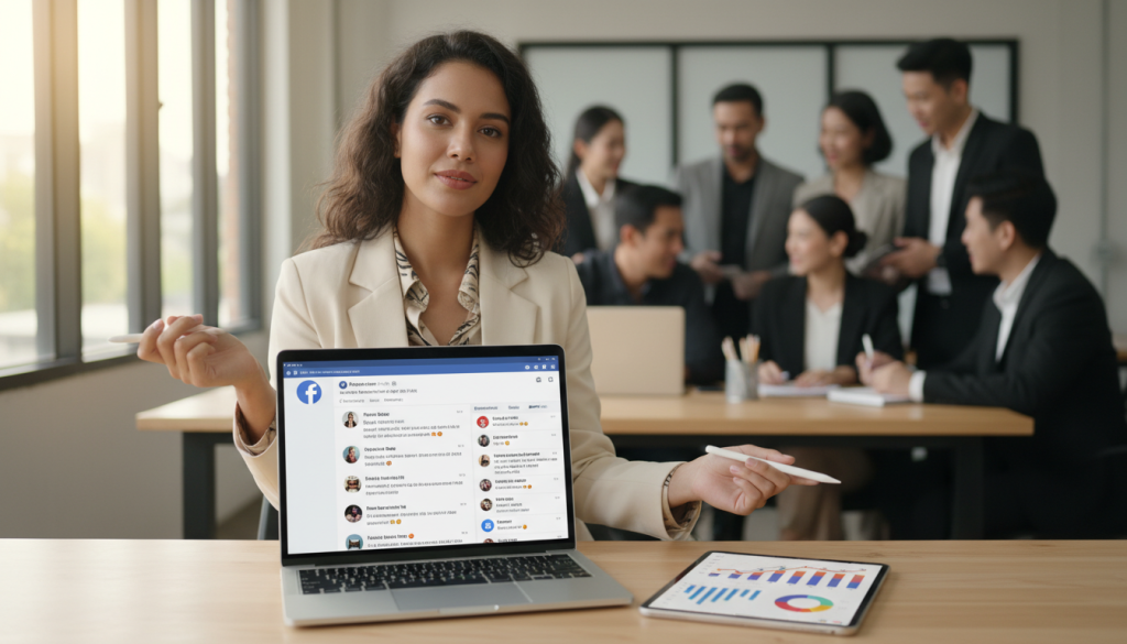 A bustling office setting featuring a modern workspace with multiple digital devices displayed prominently. In the foreground, a sleek laptop showcases a Facebook comments section with engaging interactions, next to a tablet displaying graphs of sales growth. A confident professional woman in smart casual attire analyzes the tools of direct comment selling, while a diverse group of colleagues collaborates in the background. Soft, natural lighting streams through large windows, creating a warm atmosphere that conveys productivity. The overall composition should emphasize innovation and teamwork, with a shallow depth of field that focuses on the professionals and their digital tools, set against the lively backdrop of the office. A bustling office setting featuring a modern workspace with multiple digital devices displayed prominently. In the foreground, a sleek laptop showcases a Facebook comments section with engaging interactions, next to a tablet displaying graphs of sales growth. A confident professional woman in smart casual attire analyzes the tools of direct comment selling, while a diverse group of colleagues collaborates in the background. Soft, natural lighting streams through large windows, creating a warm atmosphere that conveys productivity. The overall composition should emphasize innovation and teamwork, with a shallow depth of field that focuses on the professionals and their digital tools, set against the lively backdrop of the office.