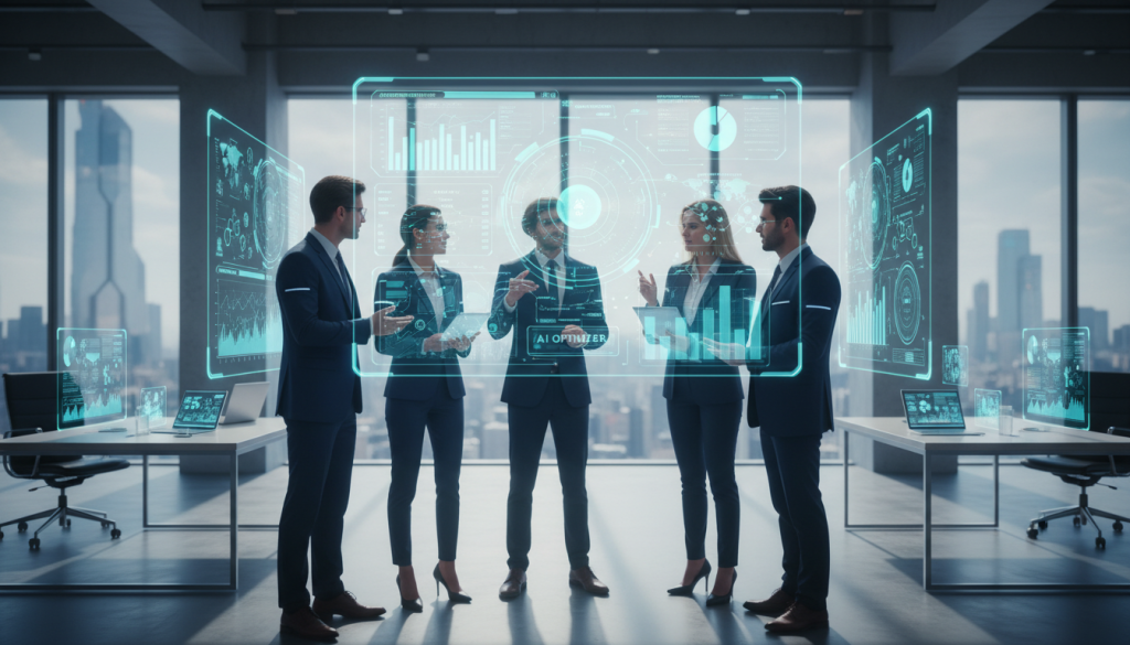 A futuristic digital landscape illustrating AI marketing technologies, centered around a 3D holographic dashboard displaying various data analytics, advertising metrics, and machine learning algorithms. In the foreground, a diverse group of professionals in smart business attire analyzes the holograms, engaged in discussion. The middle ground features sleek devices like tablets and laptops showcasing AI-driven marketing tools. The background reveals a modern office environment with large windows, allowing soft, natural light to illuminate the scene, creating a productive atmosphere. The mood is one of innovation and collaboration, emphasizing the transformative power of AI in digital marketing strategies. A futuristic digital landscape illustrating AI marketing technologies, centered around a 3D holographic dashboard displaying various data analytics, advertising metrics, and machine learning algorithms. In the foreground, a diverse group of professionals in smart business attire analyzes the holograms, engaged in discussion. The middle ground features sleek devices like tablets and laptops showcasing AI-driven marketing tools. The background reveals a modern office environment with large windows, allowing soft, natural light to illuminate the scene, creating a productive atmosphere. The mood is one of innovation and collaboration, emphasizing the transformative power of AI in digital marketing strategies.
