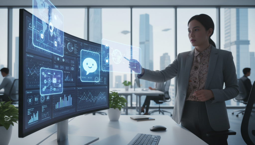 A futuristic digital workspace illustrating essential AI digital marketing tools. In the foreground, a sleek computer monitor displays colorful analytics, graphs, and AI-driven software interfaces. A professional businessperson in smart casual attire is actively engaging with the screen, surrounded by holographic projections of AI marketing tools like chatbots, email automation, and social media analytics. In the middle ground, a bright and modern office setting with greenery and soft-focus elements contributes to a productive atmosphere. The background features large windows letting in natural light, illuminating the space and creating an inviting mood. The composition is shot from a slightly low angle, emphasizing the technological tools while conveying a sense of innovation and progress. The lighting is bright and even, enhancing the appeal of the digital marketing tools. A futuristic digital workspace illustrating essential AI digital marketing tools. In the foreground, a sleek computer monitor displays colorful analytics, graphs, and AI-driven software interfaces. A professional businessperson in smart casual attire is actively engaging with the screen, surrounded by holographic projections of AI marketing tools like chatbots, email automation, and social media analytics. In the middle ground, a bright and modern office setting with greenery and soft-focus elements contributes to a productive atmosphere. The background features large windows letting in natural light, illuminating the space and creating an inviting mood. The composition is shot from a slightly low angle, emphasizing the technological tools while conveying a sense of innovation and progress. The lighting is bright and even, enhancing the appeal of the digital marketing tools.
