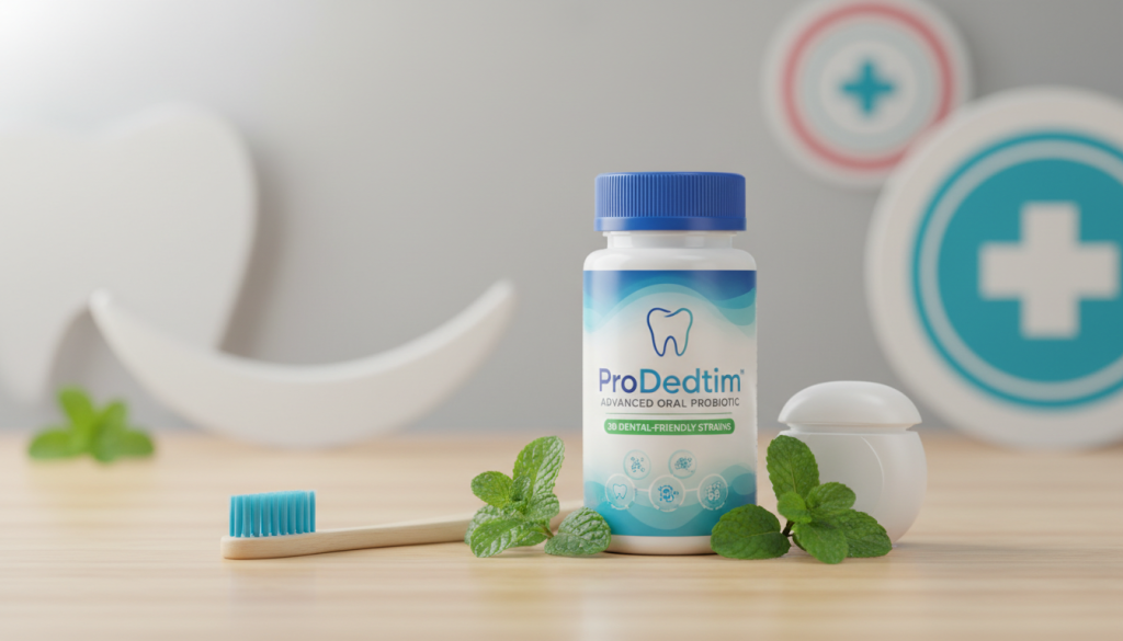 A high-quality, realistic image of a ProDentim dental health probiotic supplement bottle prominently placed in the foreground, featuring a sleek, modern design with a label displaying vibrant colors and health-related graphics. Surrounding the bottle, arrange an assortment of fresh mint leaves and a few delicate dental tools, such as a toothbrush and dental floss, to emphasize the theme of dental care. In the background, softly blurred dental-themed decorations, like a white smile or dental health symbols, create an inviting atmosphere. The lighting is bright and fresh, simulating a well-lit pharmacy or wellness store, with a focus on the bottle to draw attention to the product. Capture this scene from a slightly elevated angle to enhance visibility and appeal.