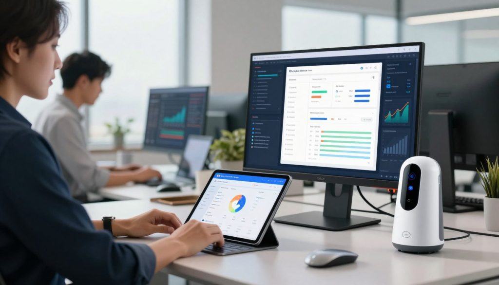 A modern office environment featuring smart automation support tools in action. In the foreground, there are sleek, high-tech devices like a tablet displaying a dynamic dashboard for Google Ads analytics. To the left, a business professional in smart attire is reviewing performance metrics, their focused expression highlighting the importance of data-driven decisions. In the middle ground, a large monitor showcases AI-generated insights with automated suggestions, surrounded by digital graphs and charts. The background includes soft-focus elements of an innovative workspace, with bright, natural lighting streaming in from large windows, creating an atmosphere of productivity and forward-thinking. The mood is energetic and optimistic, underscoring the potential of AI to enhance advertising strategies. A modern office environment featuring smart automation support tools in action. In the foreground, there are sleek, high-tech devices like a tablet displaying a dynamic dashboard for Google Ads analytics. To the left, a business professional in smart attire is reviewing performance metrics, their focused expression highlighting the importance of data-driven decisions. In the middle ground, a large monitor showcases AI-generated insights with automated suggestions, surrounded by digital graphs and charts. The background includes soft-focus elements of an innovative workspace, with bright, natural lighting streaming in from large windows, creating an atmosphere of productivity and forward-thinking. The mood is energetic and optimistic, underscoring the potential of AI to enhance advertising strategies.