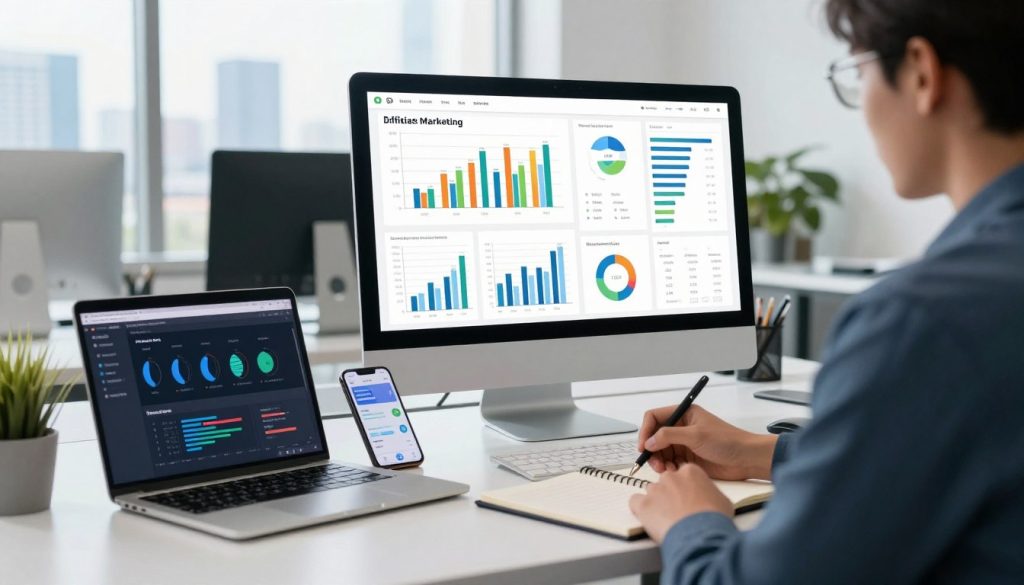 A modern office environment focused on digital analytics, featuring a large computer screen displaying colorful graphs, charts, and stats related to affiliate marketing performance. In the foreground, a professional business person, dressed in smart casual attire, is intently analyzing the data, taking notes on a notepad. The middle layer includes various marketing tools and gadgets scattered across a sleek desk, including a smartphone showing social media metrics. In the background, a bright window reveals a city skyline, with soft, natural light illuminating the workspace, creating a productive and optimistic atmosphere. The scene conveys motivation and focus, ideal for illustrating the theme of tracking and measuring traffic performance. A modern office environment focused on digital analytics, featuring a large computer screen displaying colorful graphs, charts, and stats related to affiliate marketing performance. In the foreground, a professional business person, dressed in smart casual attire, is intently analyzing the data, taking notes on a notepad. The middle layer includes various marketing tools and gadgets scattered across a sleek desk, including a smartphone showing social media metrics. In the background, a bright window reveals a city skyline, with soft, natural light illuminating the workspace, creating a productive and optimistic atmosphere. The scene conveys motivation and focus, ideal for illustrating the theme of tracking and measuring traffic performance.
