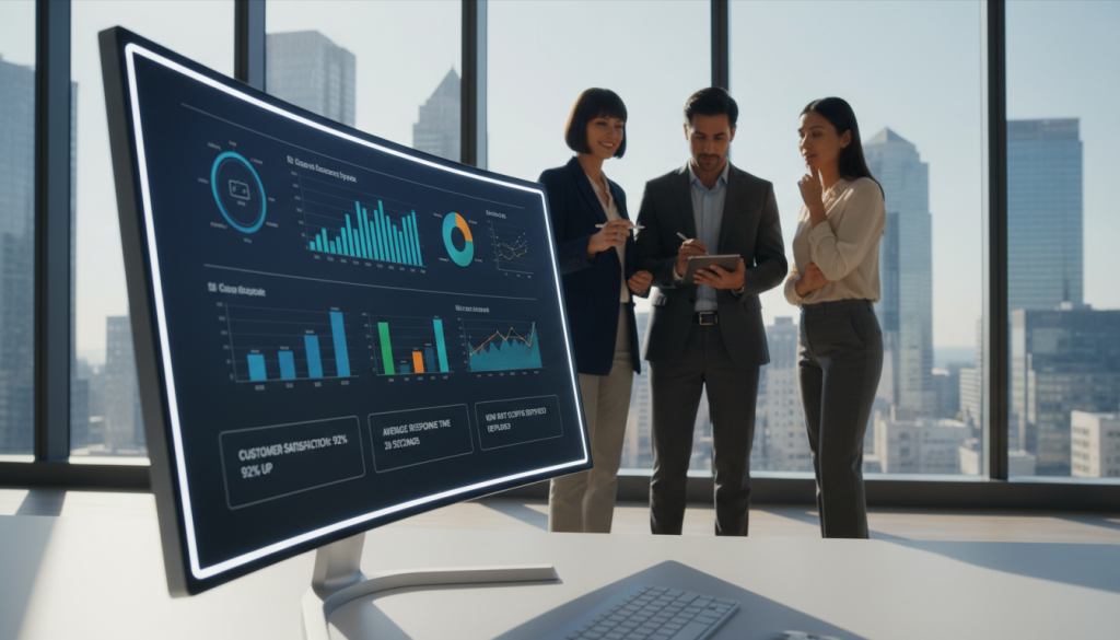 A modern office environment showcasing a sophisticated automated response system setup. In the foreground, a sleek computer screen displays an intuitive dashboard of analytics and feedback options, featuring colorful graphs and notifications, all illuminated by soft white LED lights. In the middle ground, a diverse team of three professionals, dressed in smart business attire, are engaged in discussion; one points to the screen while another takes notes, conveying teamwork and collaboration. In the background, large windows reveal a bright cityscape, enhancing the atmosphere of innovation. Warm, natural light floods the scene, creating an optimistic and productive ambiance. The overall mood is focused and proactive, reflecting the essence of automation in business communication. A modern office environment showcasing a sophisticated automated response system setup. In the foreground, a sleek computer screen displays an intuitive dashboard of analytics and feedback options, featuring colorful graphs and notifications, all illuminated by soft white LED lights. In the middle ground, a diverse team of three professionals, dressed in smart business attire, are engaged in discussion; one points to the screen while another takes notes, conveying teamwork and collaboration. In the background, large windows reveal a bright cityscape, enhancing the atmosphere of innovation. Warm, natural light floods the scene, creating an optimistic and productive ambiance. The overall mood is focused and proactive, reflecting the essence of automation in business communication.