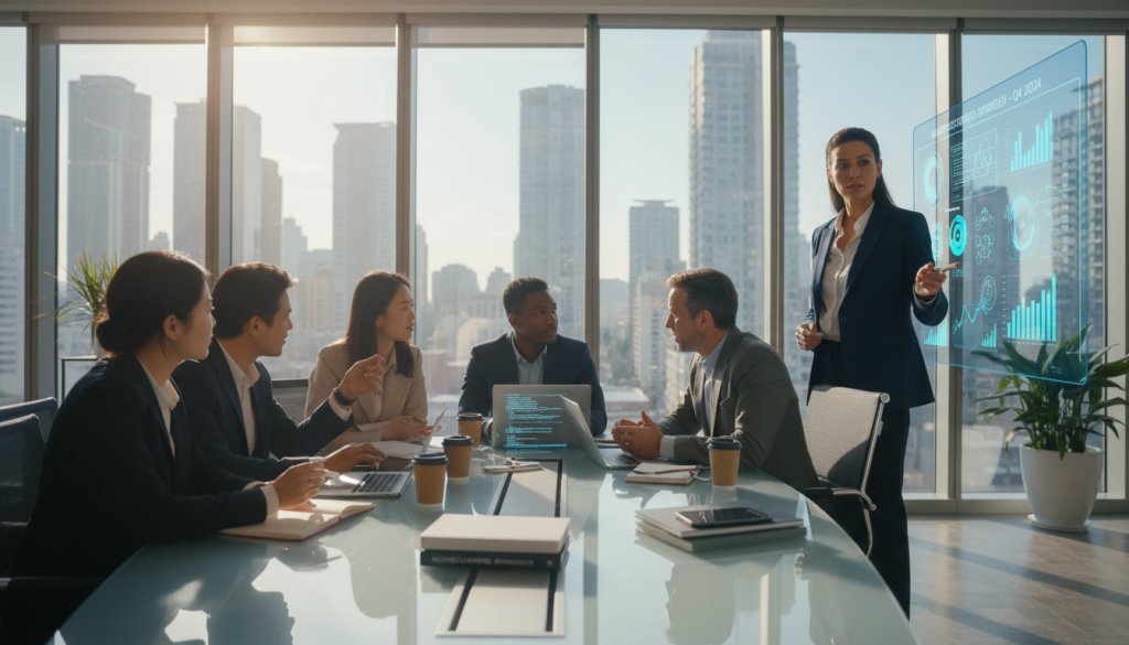 A modern office setting with a diverse team collaborating on an AI implementation strategy. In the foreground, a confident businesswoman in professional attire stands by a high-tech digital screen displaying data analytics and charts. In the middle ground, a group of professionals—men and women of various ethnicities—are engaged in discussion around a sleek conference table, with laptops and AI-related materials scattered about. The background features large windows allowing natural light to pour in, creating a bright and optimistic atmosphere. The scene is shot from a low angle to emphasize the team’s energetic engagement, with soft focus on the background elements, highlighting the collaborative spirit and innovative environment of digital marketing strategy development. A modern office setting with a diverse team collaborating on an AI implementation strategy. In the foreground, a confident businesswoman in professional attire stands by a high-tech digital screen displaying data analytics and charts. In the middle ground, a group of professionals—men and women of various ethnicities—are engaged in discussion around a sleek conference table, with laptops and AI-related materials scattered about. The background features large windows allowing natural light to pour in, creating a bright and optimistic atmosphere. The scene is shot from a low angle to emphasize the team’s energetic engagement, with soft focus on the background elements, highlighting the collaborative spirit and innovative environment of digital marketing strategy development.