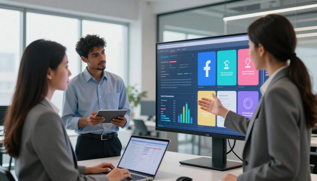 A modern office space featuring a diverse team of three professionals in business attire collaborating over a large digital screen displaying dynamic AI-driven Facebook ads. In the foreground, a confident businesswoman gestures toward the screen, showcasing vibrant ads customized for different audiences. In the middle, a data analyst is scrutinizing graphs and metrics on a tablet, with a look of concentration. The background reveals a sleek, bright work environment with large windows and high-tech elements, conveying an innovative atmosphere. Soft, natural lighting floods the room, creating a productive ambiance. The angle captures the team’s engagement, highlighting their synergy in using AI for advertising success.