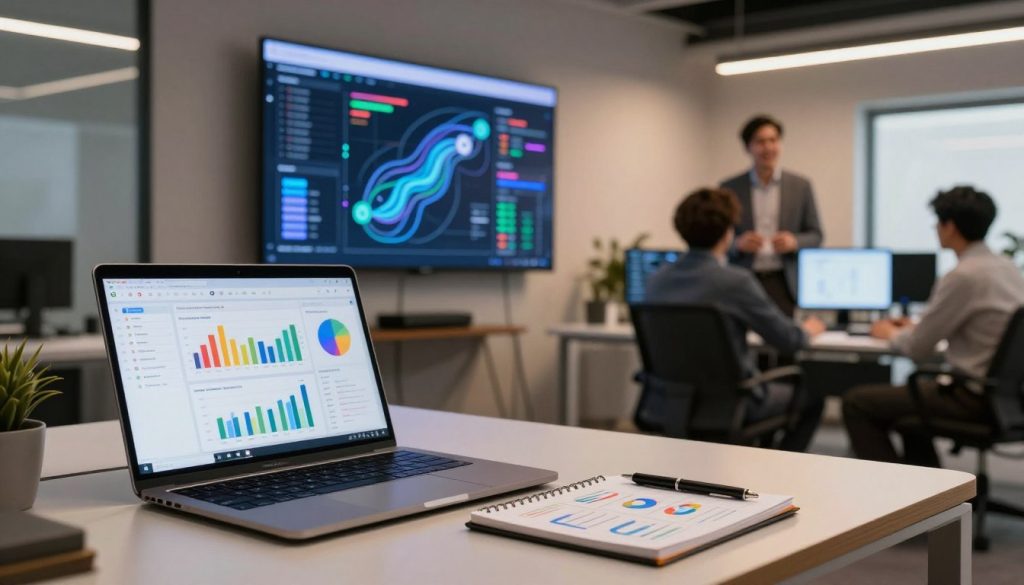 A modern office space showcasing specialized AI tools for optimizing Google Ads. In the foreground, a sleek laptop displays advanced analytics software with vibrant graphs and charts. Beside it, a notepad filled with marketing strategies sits atop a stylish desk. The middle background features a large digital screen showing AI algorithms at work, with data flowing dynamically. Soft, ambient lighting casts a warm glow over the scene, enhancing the productive atmosphere. In the far background, a motivated professional in business attire is engaged in brainstorming with colleagues, surrounded by innovative tech gadgets. The overall mood is one of inspiration and productivity, reflecting the power of AI in enhancing advertising strategies. A modern office space showcasing specialized AI tools for optimizing Google Ads. In the foreground, a sleek laptop displays advanced analytics software with vibrant graphs and charts. Beside it, a notepad filled with marketing strategies sits atop a stylish desk. The middle background features a large digital screen showing AI algorithms at work, with data flowing dynamically. Soft, ambient lighting casts a warm glow over the scene, enhancing the productive atmosphere. In the far background, a motivated professional in business attire is engaged in brainstorming with colleagues, surrounded by innovative tech gadgets. The overall mood is one of inspiration and productivity, reflecting the power of AI in enhancing advertising strategies.