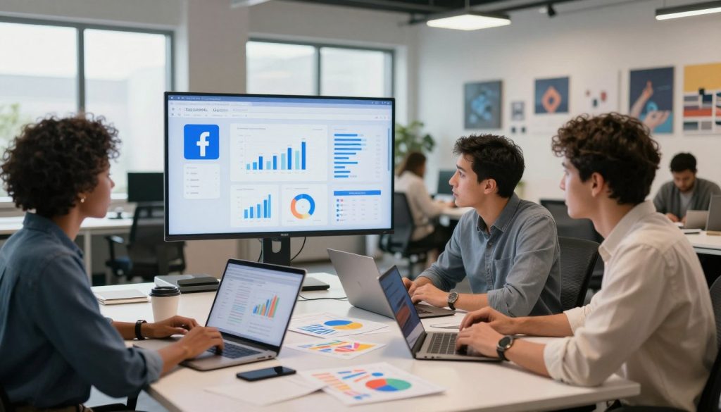 A modern workspace featuring a diverse team of professionals brainstorming around a large table laden with digital devices, laptops, and notes. In the foreground, a diverse group of three individuals (a Black woman, a Hispanic man, and a Caucasian woman) is focused on a large screen displaying an AI interface for managing Facebook ads, highlighting data analytics and creative visuals. In the middle, the table is scattered with colorful charts and graphs depicting ad performance metrics. The background showcases a bright, contemporary office with large windows letting in natural light, and a wall adorned with motivational tech-themed artwork. The atmosphere is collaborative and innovative, reflecting a sense of excitement about leveraging AI for marketing success. Use soft, professional lighting to enhance the modern look, with a slight depth of field to emphasize human interaction.