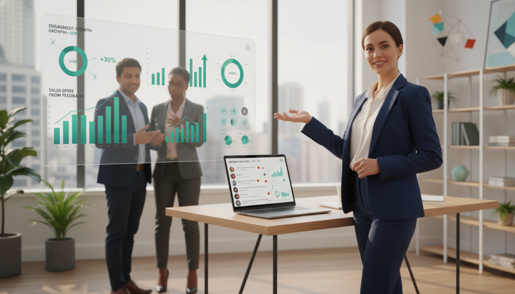 A professional business setting where a diverse group of individuals gather in a bright, modern office. In the foreground, a confident woman in a smart business suit stands at a sleek table, engaging with a laptop showing a social media interface filled with comments. In the middle, two colleagues of different ethnicities are discussing strategies enthusiastically, pointing at charts on a screen that illustrate positive engagement trends. In the background, large windows let in natural light, creating an upbeat atmosphere, with plants and abstract art adding a creative touch. The image conveys collaboration and problem-solving, highlighting the transformation of negative comments into opportunities for sales success. Soft, inspirational lighting enhances the professional mood. A professional business setting where a diverse group of individuals gather in a bright, modern office. In the foreground, a confident woman in a smart business suit stands at a sleek table, engaging with a laptop showing a social media interface filled with comments. In the middle, two colleagues of different ethnicities are discussing strategies enthusiastically, pointing at charts on a screen that illustrate positive engagement trends. In the background, large windows let in natural light, creating an upbeat atmosphere, with plants and abstract art adding a creative touch. The image conveys collaboration and problem-solving, highlighting the transformation of negative comments into opportunities for sales success. Soft, inspirational lighting enhances the professional mood.