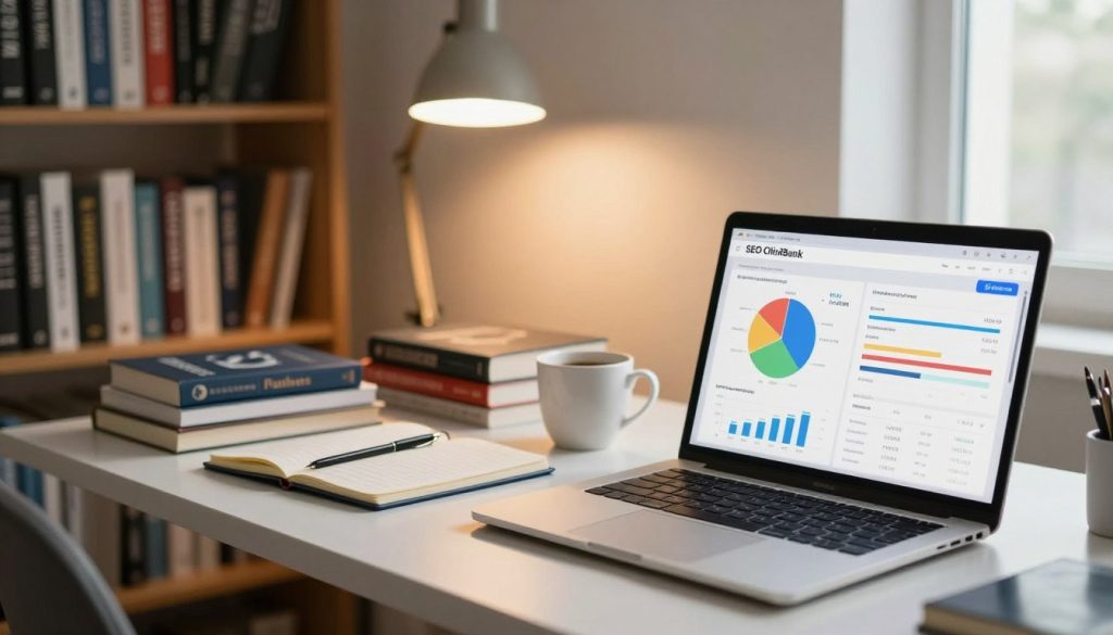 A professional workspace interior focused on SEO and affiliate marketing. In the foreground, a laptop displays SEO analytics and ClickBank stats; colorful charts and graphs highlight key performance indicators. On the middle layer, a sleek desk cluttered with marketing books, a notepad, and a coffee cup, provides a cozy yet professional vibe. The background features shelves filled with business books and digital marketing resources, softly lit by a warm desk lamp. Natural light filters in through a window, casting gentle shadows. The overall atmosphere is motivating and focused, embodying the spirit of mastering SEO for driving search traffic. The composition emphasizes clarity and professionalism without any human figures. A professional workspace interior focused on SEO and affiliate marketing. In the foreground, a laptop displays SEO analytics and ClickBank stats; colorful charts and graphs highlight key performance indicators. On the middle layer, a sleek desk cluttered with marketing books, a notepad, and a coffee cup, provides a cozy yet professional vibe. The background features shelves filled with business books and digital marketing resources, softly lit by a warm desk lamp. Natural light filters in through a window, casting gentle shadows. The overall atmosphere is motivating and focused, embodying the spirit of mastering SEO for driving search traffic. The composition emphasizes clarity and professionalism without any human figures.