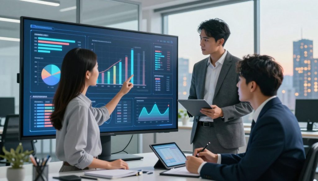 A sleek, modern office environment, showcasing a diverse team of three professionals in business attire analyzing digital graphs and charts on a large screen. In the foreground, a focused woman points at a dynamic budget allocation chart, while a man takes notes on a digital tablet. The middle layer features a futuristic interface displaying AI algorithms and performance metrics, emphasizing automated budget allocation. In the background, large windows reveal a city skyline illuminated by warm light, representing innovation and progress. The atmosphere is collaborative and energetic, with bright, natural lighting creating a sense of optimism and productivity. The composition should be captured in a dynamic angle, conveying a sense of movement and engagement in the workplace. A sleek, modern office environment, showcasing a diverse team of three professionals in business attire analyzing digital graphs and charts on a large screen. In the foreground, a focused woman points at a dynamic budget allocation chart, while a man takes notes on a digital tablet. The middle layer features a futuristic interface displaying AI algorithms and performance metrics, emphasizing automated budget allocation. In the background, large windows reveal a city skyline illuminated by warm light, representing innovation and progress. The atmosphere is collaborative and energetic, with bright, natural lighting creating a sense of optimism and productivity. The composition should be captured in a dynamic angle, conveying a sense of movement and engagement in the workplace.