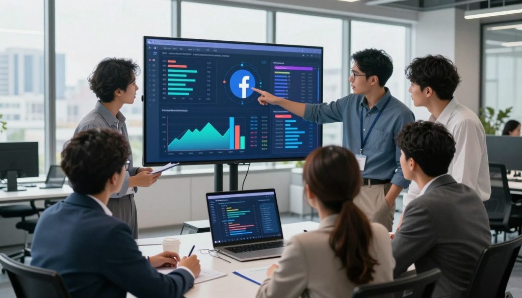 A sleek, modern office workspace featuring a large digital screen displaying vibrant graphs and analytics related to Facebook advertising. In the foreground, a diverse group of four professionals, dressed in business attire, are intently discussing strategies, with one person pointing at the screen. The middle ground showcases an open laptop with AI-powered tools visible on the screen, symbolizing advanced technology in advertising. The background includes large windows with a cityscape view, and soft, natural lighting flooding the room, creating an inspiring and innovative atmosphere. The composition should be captured from a slightly elevated angle to emphasize collaboration and the dynamic nature of AI in marketing strategies.