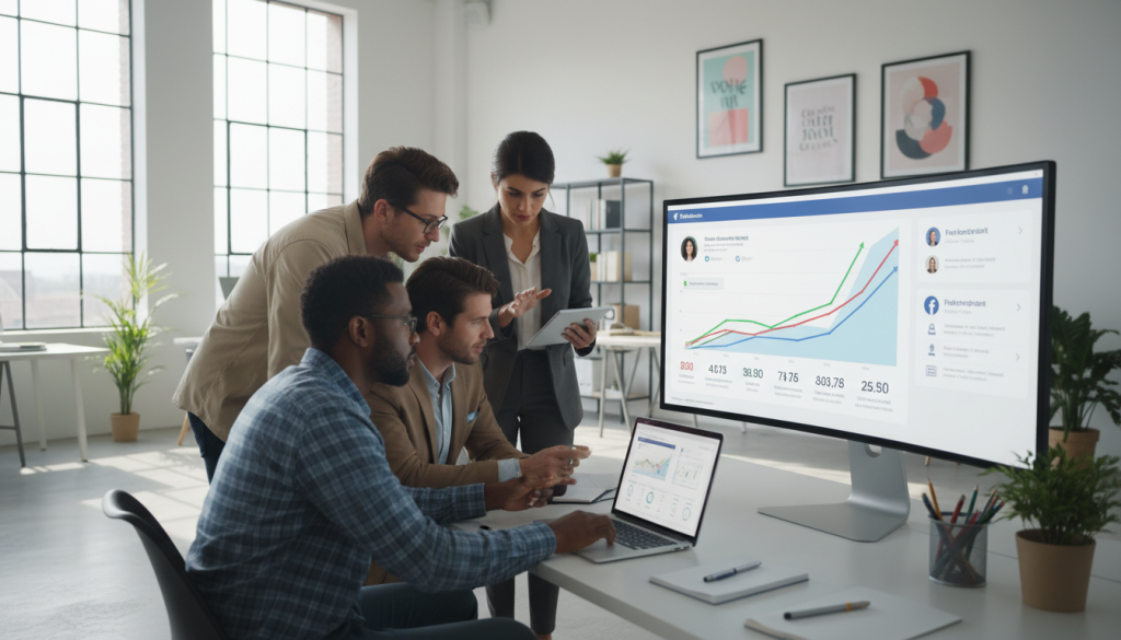 A vibrant, dynamic digital workspace scene showcasing the concept of paid advertising on social media. In the foreground, a diverse group of professionals in business attire intensely collaborates around a laptop, analyzing performance metrics and social media ads. The middle ground features a large, modern monitor displaying colorful graphs and Facebook ad visuals, emphasizing growth in followers. The background reveals a bright, contemporary office environment with motivational posters and greenery, creating an inviting atmosphere. Soft, natural lighting filters through large windows, casting warm shadows. The scene conveys a sense of urgency and enthusiasm, capturing the essence of exploring effective advertising options to boost social media presence. No text or branding elements present. A vibrant, dynamic digital workspace scene showcasing the concept of paid advertising on social media. In the foreground, a diverse group of professionals in business attire intensely collaborates around a laptop, analyzing performance metrics and social media ads. The middle ground features a large, modern monitor displaying colorful graphs and Facebook ad visuals, emphasizing growth in followers. The background reveals a bright, contemporary office environment with motivational posters and greenery, creating an inviting atmosphere. Soft, natural lighting filters through large windows, casting warm shadows. The scene conveys a sense of urgency and enthusiasm, capturing the essence of exploring effective advertising options to boost social media presence. No text or branding elements present.