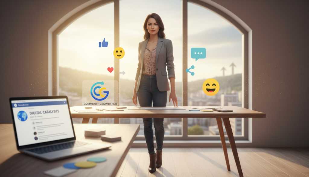 A vibrant, eye-catching digital illustration depicting a professional businesswoman in smart casual clothing, standing confidently at a desk adorned with branding materials like logos and color palettes for a Facebook group. In the foreground, a laptop displays an active Facebook group interface. In the middle ground, several colorful icons representing community engagement, like thumbs up and chat bubbles, float around her. In the background, a large window reveals a bright, sunny day, symbolizing opportunity and growth. The lighting is warm and inviting, suggesting a collaborative atmosphere. The angle captures the excitement of starting a new community, with a slight depth of field blurring the background, directing focus on the woman and her interaction with digital tools. A vibrant, eye-catching digital illustration depicting a professional businesswoman in smart casual clothing, standing confidently at a desk adorned with branding materials like logos and color palettes for a Facebook group. In the foreground, a laptop displays an active Facebook group interface. In the middle ground, several colorful icons representing community engagement, like thumbs up and chat bubbles, float around her. In the background, a large window reveals a bright, sunny day, symbolizing opportunity and growth. The lighting is warm and inviting, suggesting a collaborative atmosphere. The angle captures the excitement of starting a new community, with a slight depth of field blurring the background, directing focus on the woman and her interaction with digital tools.