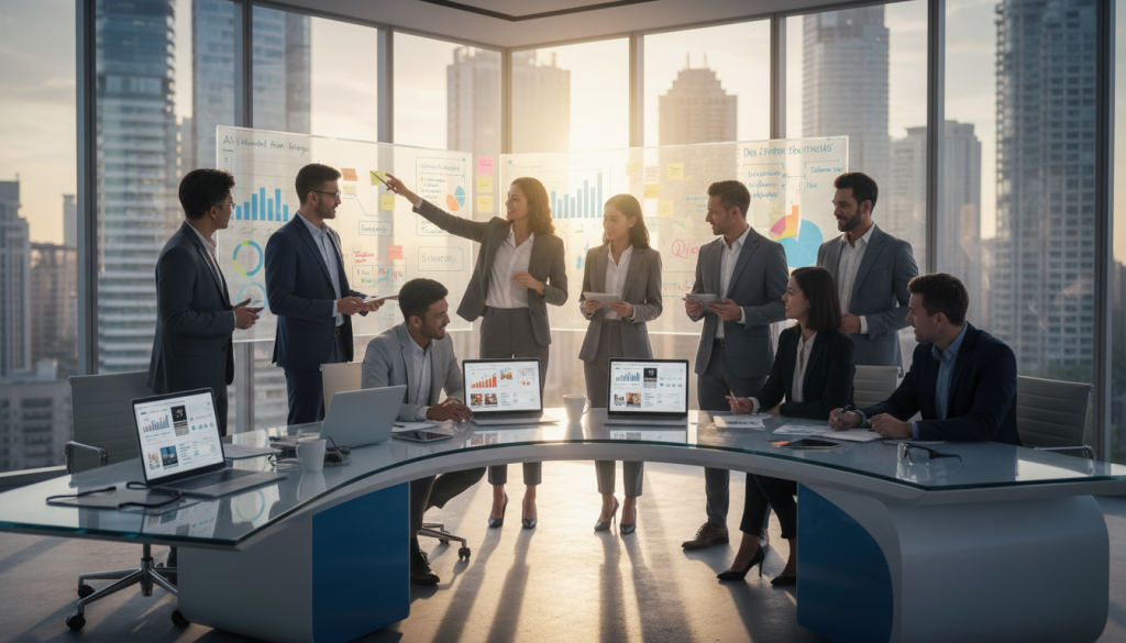 A vibrant, modern office space illustrating trends in affiliate marketing for January 2026. In the foreground, a sleek, futuristic desk is adorned with high-tech gadgets, laptops displaying analytical charts, and affiliate product images. The middle ground features diverse professionals in business attire engaged in animated discussions, with some analyzing reports and others brainstorming at a whiteboard filled with trend graphs and sticky notes. The background reveals large windows showing a bustling city skyline bathed in soft morning light, creating a motivational atmosphere. The scene is illuminated with warm, natural light, emphasizing collaboration and innovation, captured from a slightly high angle to convey openness and creativity. The overall mood is dynamic and inspiring, showcasing the energy of a successful planning session.