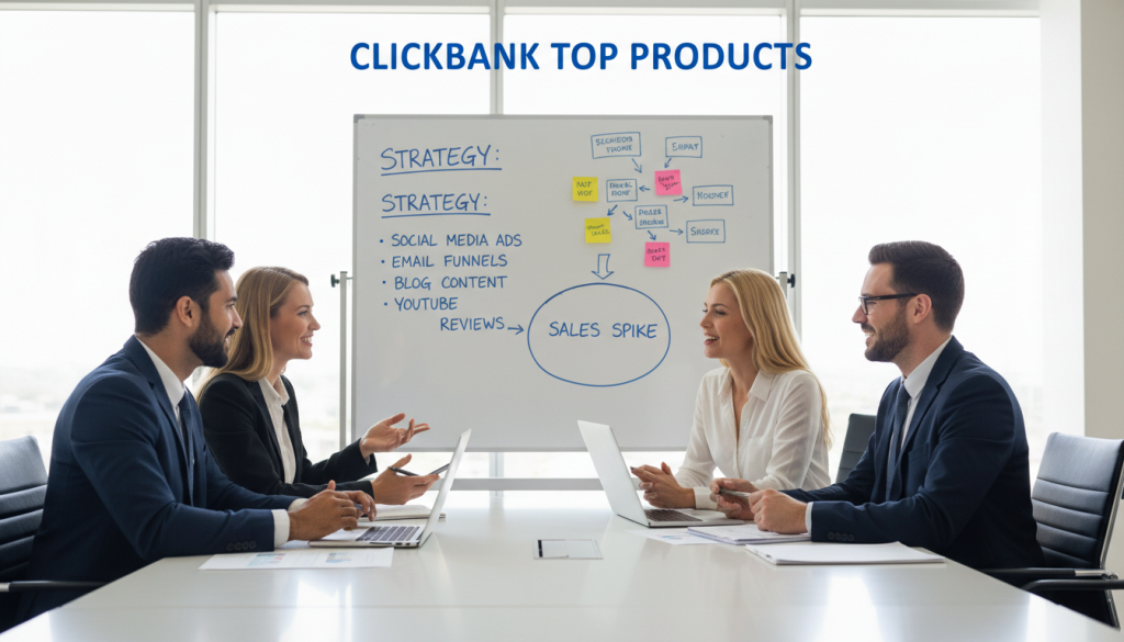 A vibrant office space showcasing effective strategies for promoting ClickBank's top-selling products. In the foreground, a diverse group of three professionals, two men and one woman, sits around a sleek, modern conference table, all dressed in professional business attire. They are engaged in dynamic discussion, with laptops and tablets open, displaying graphs and affiliate marketing plans. In the middle ground, a large whiteboard is filled with colorful diagrams and sticky notes outlining various marketing strategies such as social media, email campaigns, and content creation. The background features floor-to-ceiling windows that let in warm, natural light, illuminating the space and creating an encouraging atmosphere. The overall mood is collaborative and innovative, symbolizing the enthusiasm of affiliate marketing in a contemporary business environment.