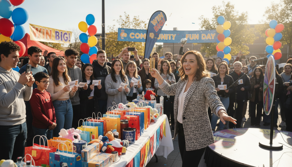 A vibrant scene depicting a lively contest and giveaway event. In the foreground, an inviting table displays an array of colorful prizes, such as gift bags and promotional items, with a cheerful, well-dressed woman enthusiastically interacting with participants. In the middle, engaged attendees of diverse backgrounds gather around, some holding contest entry cards, while others take photos of the event. The background features a festive atmosphere decorated with balloons and banners, enhancing excitement. Bright, natural lighting illuminates the space, creating a warm and inviting feel. The composition should capture a sense of community, anticipation, and positivity, emphasizing the dynamic interaction and engagement of people participating in the giveaway. A vibrant scene depicting a lively contest and giveaway event. In the foreground, an inviting table displays an array of colorful prizes, such as gift bags and promotional items, with a cheerful, well-dressed woman enthusiastically interacting with participants. In the middle, engaged attendees of diverse backgrounds gather around, some holding contest entry cards, while others take photos of the event. The background features a festive atmosphere decorated with balloons and banners, enhancing excitement. Bright, natural lighting illuminates the space, creating a warm and inviting feel. The composition should capture a sense of community, anticipation, and positivity, emphasizing the dynamic interaction and engagement of people participating in the giveaway.
