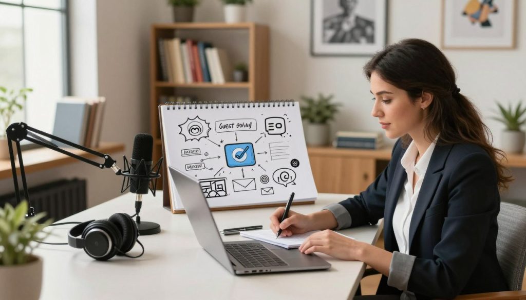 A vibrant workspace scene illustrating the concept of guest posting and podcast appearances. In the foreground, a professional woman in business attire sits at a stylish desk with a laptop open, focusing on writing a blog post. Beside her, a microphone and headphones indicate a podcast setup. In the middle ground, a large notepad displays creative ideas and a few social media icons sketched out, representing multiple platforms for outreach. The background features a cozy office with bookshelves filled with marketing books, artwork on the walls that reflects media topics, and a window allowing natural light to stream in, creating an inviting atmosphere. The lighting is warm and engaging, with soft focus creating an inspiring mood. Capture this scene from a slightly elevated angle to give depth to the workspace layout. A vibrant workspace scene illustrating the concept of guest posting and podcast appearances. In the foreground, a professional woman in business attire sits at a stylish desk with a laptop open, focusing on writing a blog post. Beside her, a microphone and headphones indicate a podcast setup. In the middle ground, a large notepad displays creative ideas and a few social media icons sketched out, representing multiple platforms for outreach. The background features a cozy office with bookshelves filled with marketing books, artwork on the walls that reflects media topics, and a window allowing natural light to stream in, creating an inviting atmosphere. The lighting is warm and engaging, with soft focus creating an inspiring mood. Capture this scene from a slightly elevated angle to give depth to the workspace layout.