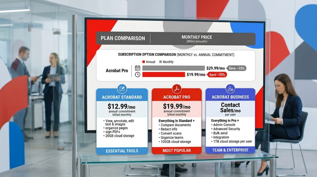 Adobe Acrobat plan prices beside a monthly subscription comparison Adobe Acrobat plan prices beside a monthly subscription comparison