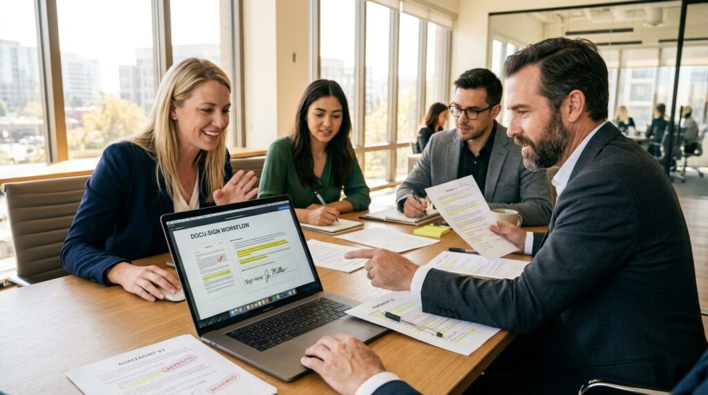 Business team reviewing scanned documents and digital signature workflows Business team reviewing scanned documents and digital signature workflows