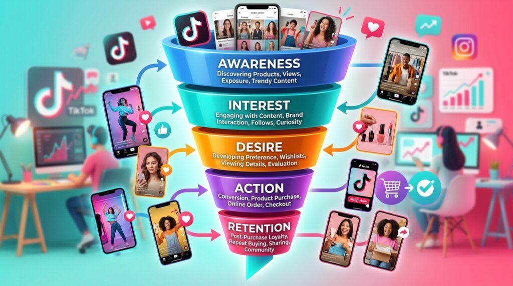 Five funnel stages connecting TikTok content and customer actions Five funnel stages connecting TikTok content and customer actions