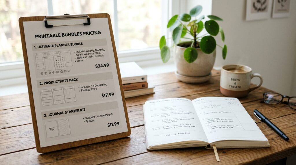 Printable bundle pricing beside a simple planner product