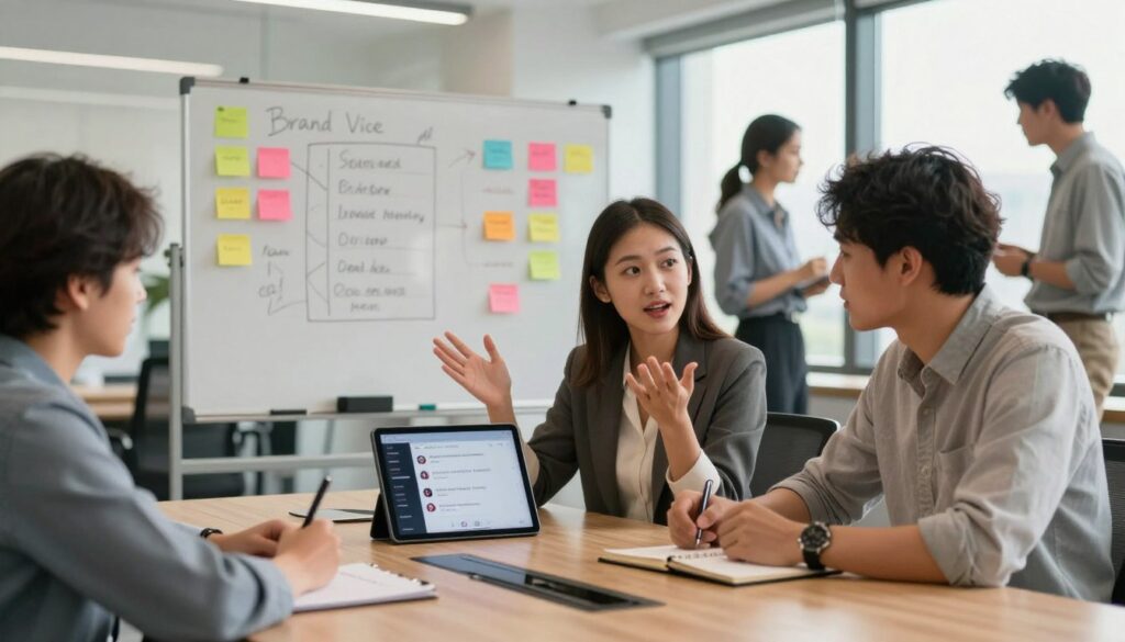 Team reviewing shared brand voice standards for TikTok replies